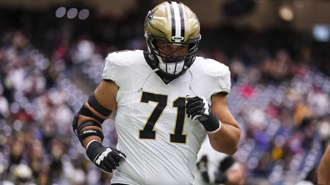 HOUSTON, TX - OCTOBER 15: Ryan Ramczyk #71 of the New Orleans Saints runs out of the tunnel prior to an NFL football game against the Houston Texans at NRG Stadium on October 15, 2023 in Houston, Texas.