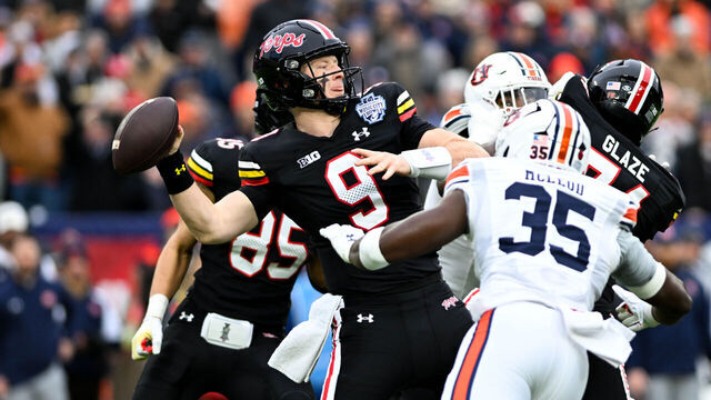 NASHVILLE, TENNESSEE - DECEMBER 30: Billy Edwards Jr. #9 of the Maryland Terrapins passes the ball against the Auburn Tigers in the first half of the TransPerfect Music City Bowl at Nissan Stadium on December 30, 2023 in Nashville, Tennessee.