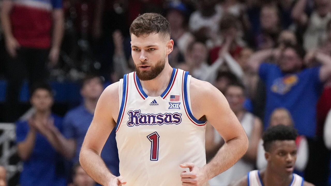 LAWRENCE, KS - DECEMBER 1: Hunter Dickinson #1 of the Kansas Jayhawks during the game against the Connecticut Huskies in the Big East-Big 12 Battle at Allen Fieldhouse on December 1, 2023 in Lawrence, Kansas. .