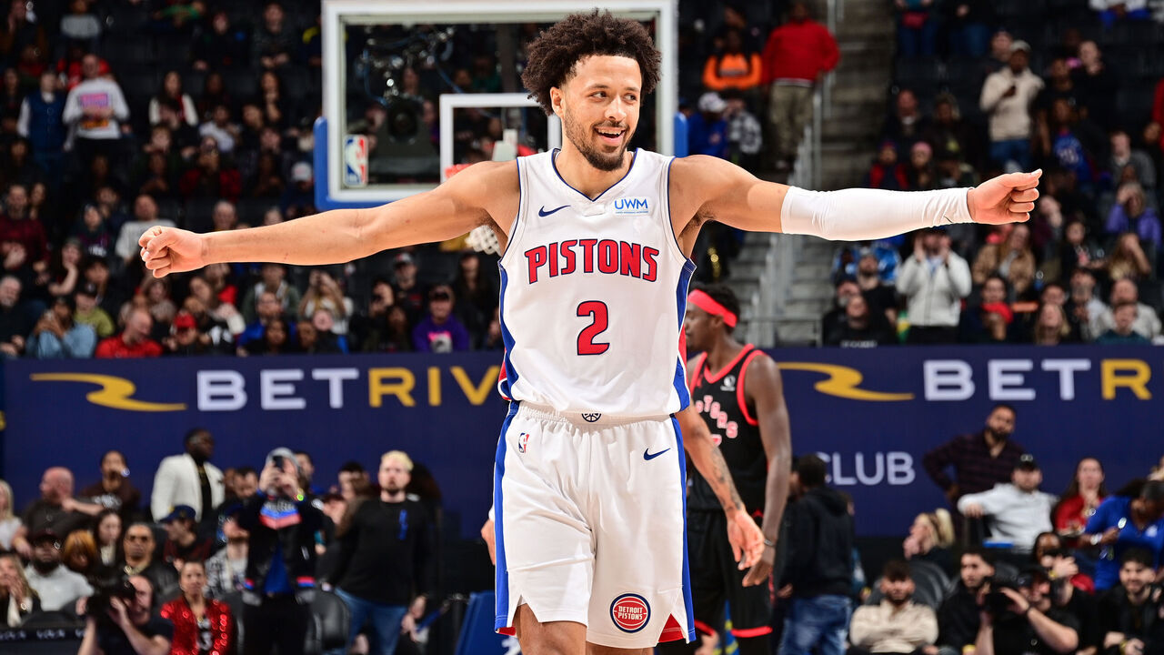 DETROIT, MI - DECEMBER 30: Cade Cunningham #2 of the Detroit Pistons smiles after the game against the Toronto Raptors on December 30, 2023 at Little Caesars Arena in Detroit, Michigan. NOTE TO USER: User expressly acknowledges and agrees that, by downloading and/or using this photograph, User is consenting to the terms and conditions of the Getty Images License Agreement. Mandatory Copyright Notice: Copyright 2023 NBAE