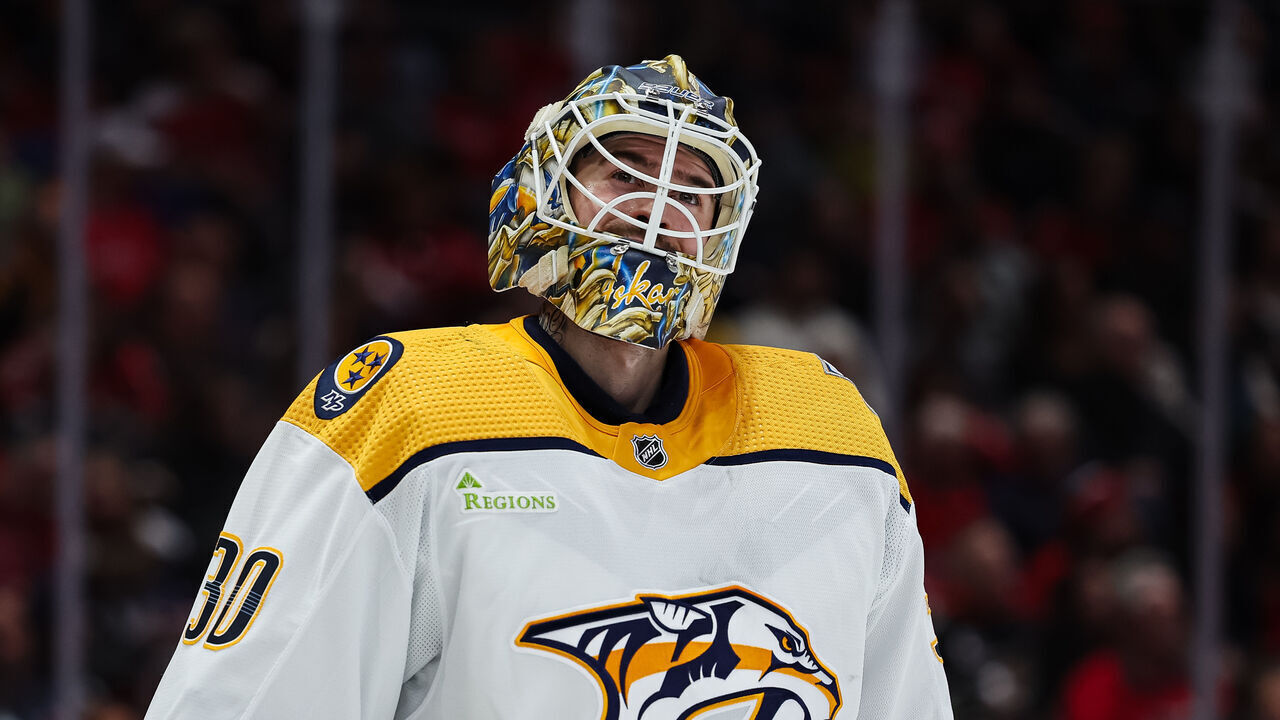 WASHINGTON, DC - DECEMBER 30: Yaroslav Askarov #30 of the Nashville Predators looks on during the second period of the game "W| at Capital One Arena on December 30, 2023 in Washington, DC.