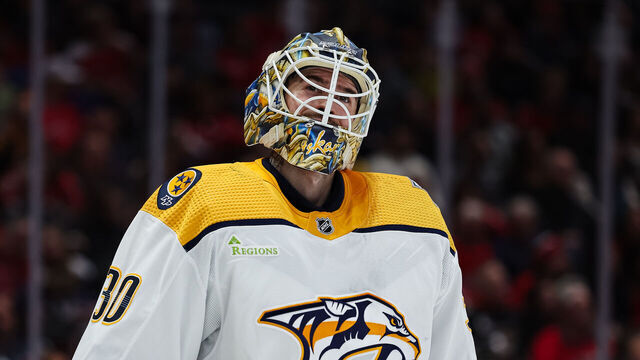 WASHINGTON, DC - DECEMBER 30: Yaroslav Askarov #30 of the Nashville Predators looks on during the second period of the game "W| at Capital One Arena on December 30, 2023 in Washington, DC.
