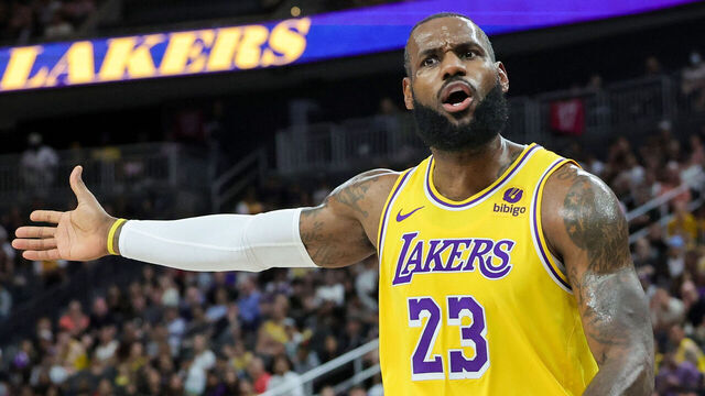 LAS VEGAS, NEVADA - OCTOBER 09: LeBron James #23 of the Los Angeles Lakers questions a referee in the first quarter of a preseason game against the Brooklyn Nets at T-Mobile Arena on October 09, 2023 in Las Vegas, Nevada. The Lakers defeated the Nets 129-126.