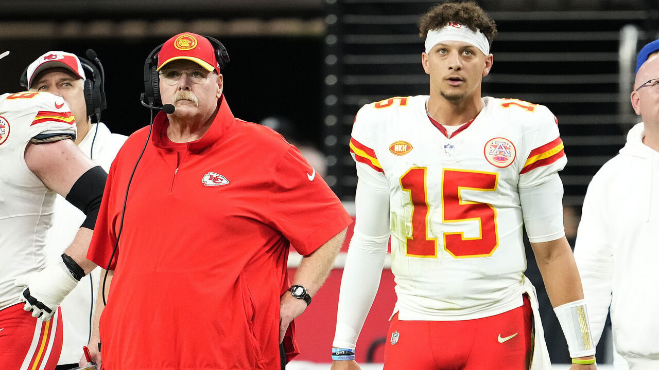 LAS VEGAS, NEVADA - NOVEMBER 26: Head coach Andy Reid and Patrick Mahomes #15 of the Kansas City Chiefs look on during the second quarter of a game against the Las Vegas Raiders at Allegiant Stadium on November 26, 2023 in Las Vegas, Nevada.