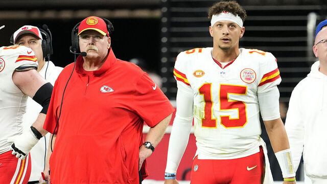 LAS VEGAS, NEVADA - NOVEMBER 26: Head coach Andy Reid and Patrick Mahomes #15 of the Kansas City Chiefs look on during the second quarter of a game against the Las Vegas Raiders at Allegiant Stadium on November 26, 2023 in Las Vegas, Nevada.