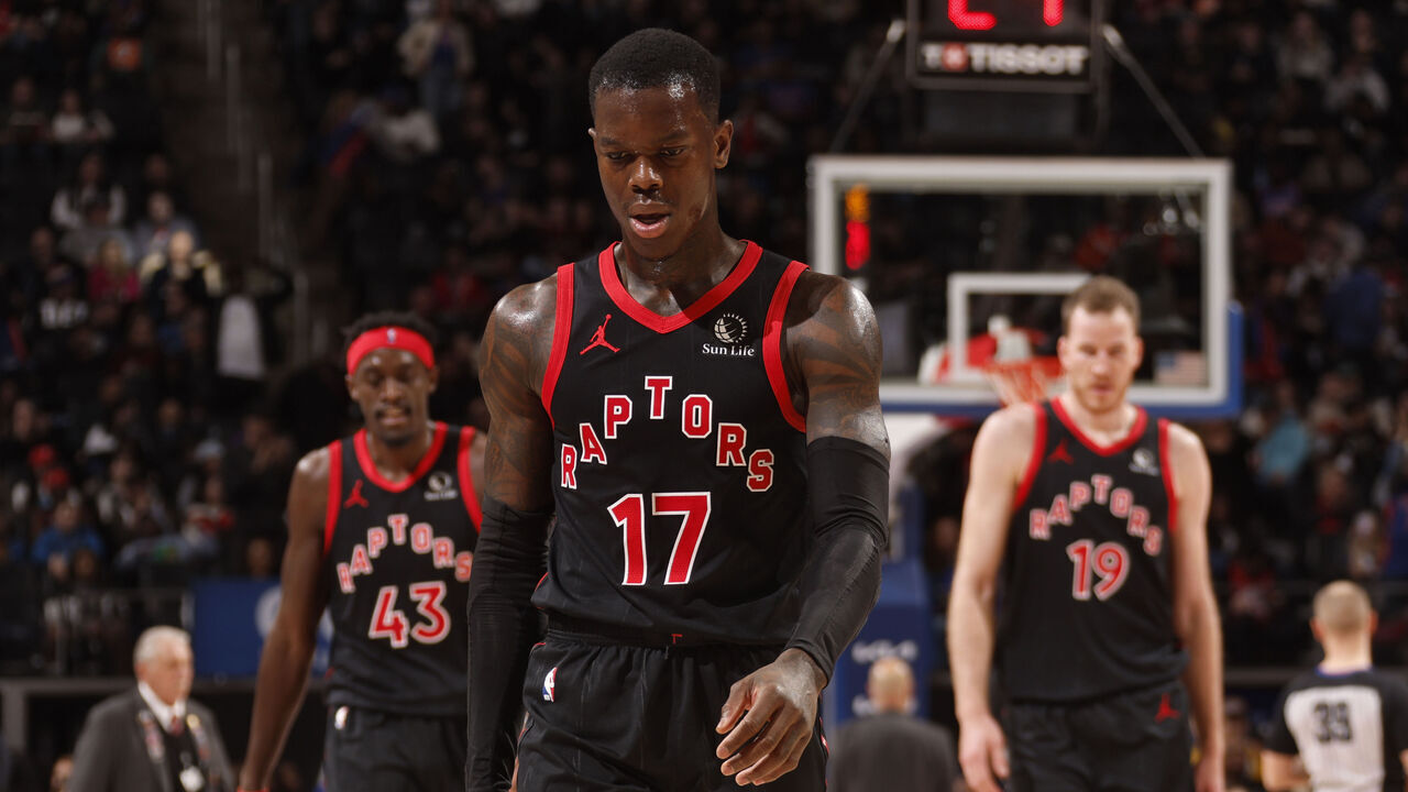 DETROIT, MI - DECEMBER 30: Dennis Schroder #17 of the Toronto Raptors looks on during the game against the Detroit Pistons on December 30, 2023 at Little Caesars Arena in Detroit, Michigan. NOTE TO USER: User expressly acknowledges and agrees that, by downloading and/or using this photograph, User is consenting to the terms and conditions of the Getty Images License Agreement. Mandatory Copyright Notice: Copyright 2023 NBAE