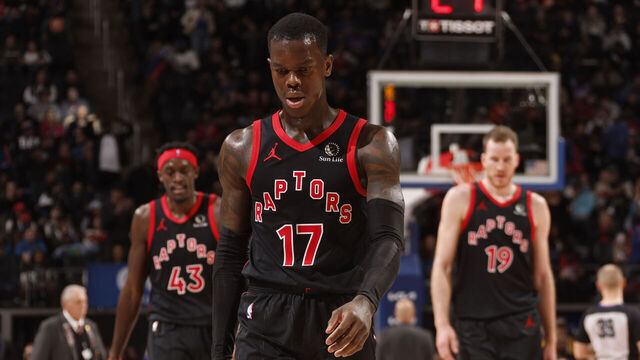 DETROIT, MI - DECEMBER 30: Dennis Schroder #17 of the Toronto Raptors looks on during the game against the Detroit Pistons on December 30, 2023 at Little Caesars Arena in Detroit, Michigan. NOTE TO USER: User expressly acknowledges and agrees that, by downloading and/or using this photograph, User is consenting to the terms and conditions of the Getty Images License Agreement. Mandatory Copyright Notice: Copyright 2023 NBAE
