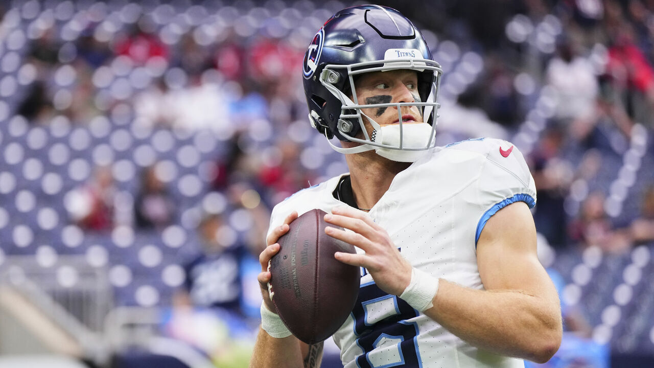 HOUSTON, TX - DECEMBER 31: Will Levis #8 of the Tennessee Titans warms up before kickoff against the Houston Texans at NRG Stadium on December 31, 2023 in Houston, Texas.