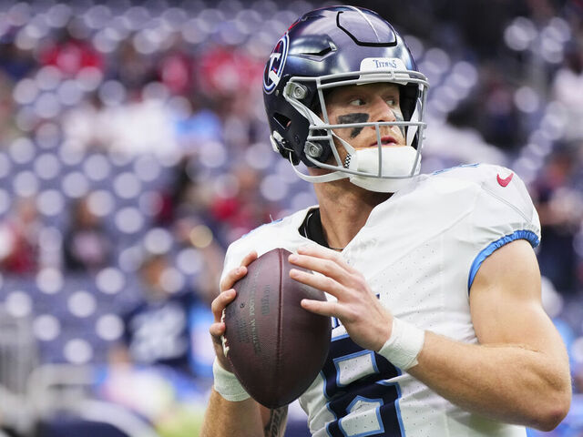 HOUSTON, TX - DECEMBER 31: Will Levis #8 of the Tennessee Titans warms up before kickoff against the Houston Texans at NRG Stadium on December 31, 2023 in Houston, Texas.