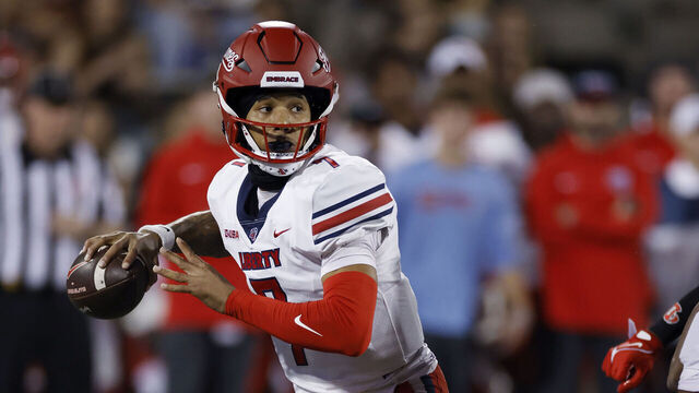 BOWLING GREEN, KY - OCTOBER 24: Liberty Flames quarterback Kaidon Salter (7) passes the ball during a college football game against the Western Kentucky Hilltoppers on October 24, 2023 at Houchens Industries - L. T. Smith Stadium in Bowling Green, Kentucky.