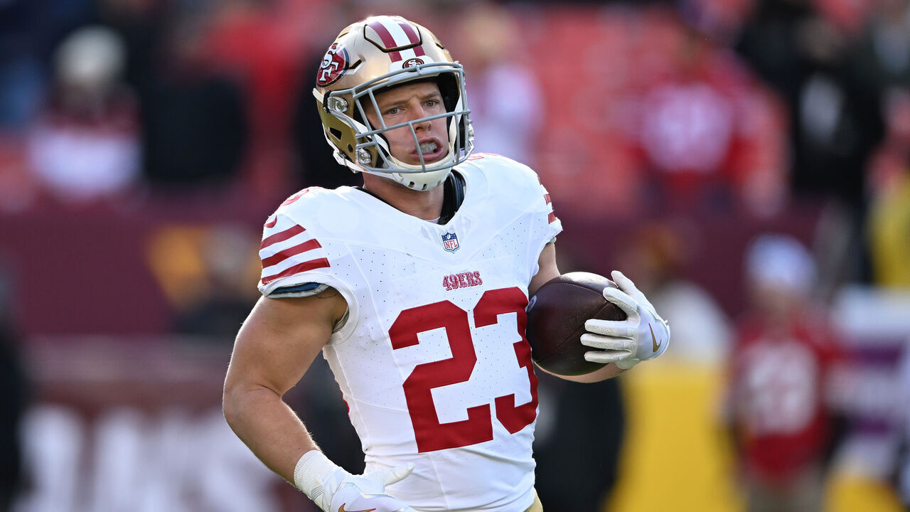 LANDOVER, MARYLAND - DECEMBER 31: Christian McCaffrey #23 of the San Francisco 49ers warms up prior to a game against the Washington Commanders at FedExField on December 31, 2023 in Landover, Maryland.