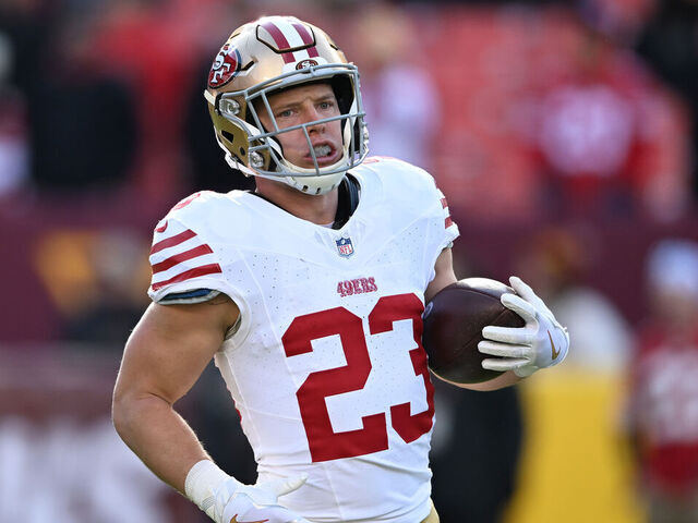LANDOVER, MARYLAND - DECEMBER 31: Christian McCaffrey #23 of the San Francisco 49ers warms up prior to a game against the Washington Commanders at FedExField on December 31, 2023 in Landover, Maryland.