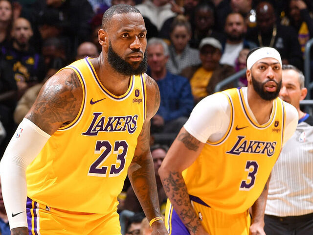 LOS ANGELES, CA - DECEMBER 28: LeBron James #23 of the Los Angeles Lakers & Anthony Davis #3 of the Los Angeles Lakers looks on during the game on December 28, 2023 at Crypto.Com Arena in Los Angeles, California. NOTE TO USER: User expressly acknowledges and agrees that, by downloading and/or using this Photograph, user is consenting to the terms and conditions of the Getty Images License Agreement. Mandatory Copyright Notice: Copyright 2023 NBAE