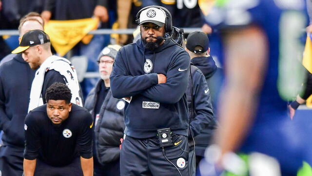 SEATTLE, WASHINGTON - DECEMBER 31: Head coach Mike Tomlin of the Pittsburgh Steelers looks on during the fourth quarter of a game against the Seattle Seahawks at Lumen Field on December 31, 2023 in Seattle, Washington.