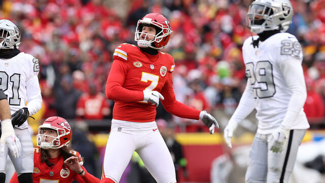 KANSAS CITY, MISSOURI - DECEMBER 25: Harrison Butker #7 of the Kansas City Chiefs reacts after missing a field goal during the second quarter against the Las Vegas Raiders at GEHA Field at Arrowhead Stadium on December 25, 2023 in Kansas City, Missouri.