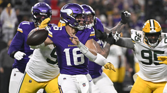 MINNEAPOLIS, MINNESOTA - DECEMBER 31: Jaren Hall #16 of the Minnesota Vikings looks to pass during the first quarter against the Green Bay Packers at U.S. Bank Stadium on December 31, 2023 in Minneapolis, Minnesota.