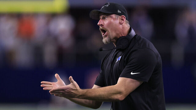 ARLINGTON, TEXAS - DECEMBER 30: Head coach Dan Campbell of the Detroit Lions reacts to a penalty during a two point conversion attempt against the Dallas Cowboys during the fourth quarter in the game at AT&T Stadium on December 30, 2023 in Arlington, Texas.