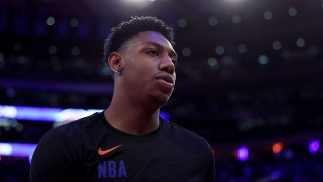 NEW YORK, NEW YORK - NOVEMBER 28: RJ Barrett #9 of the New York Knicks walks off the court after the NBA In-Season Tournament game against the Charlotte Hornets at Madison Square Garden on November 28, 2023 in New York City. The New York Knicks defeated the Charlotte Hornets 115-91.