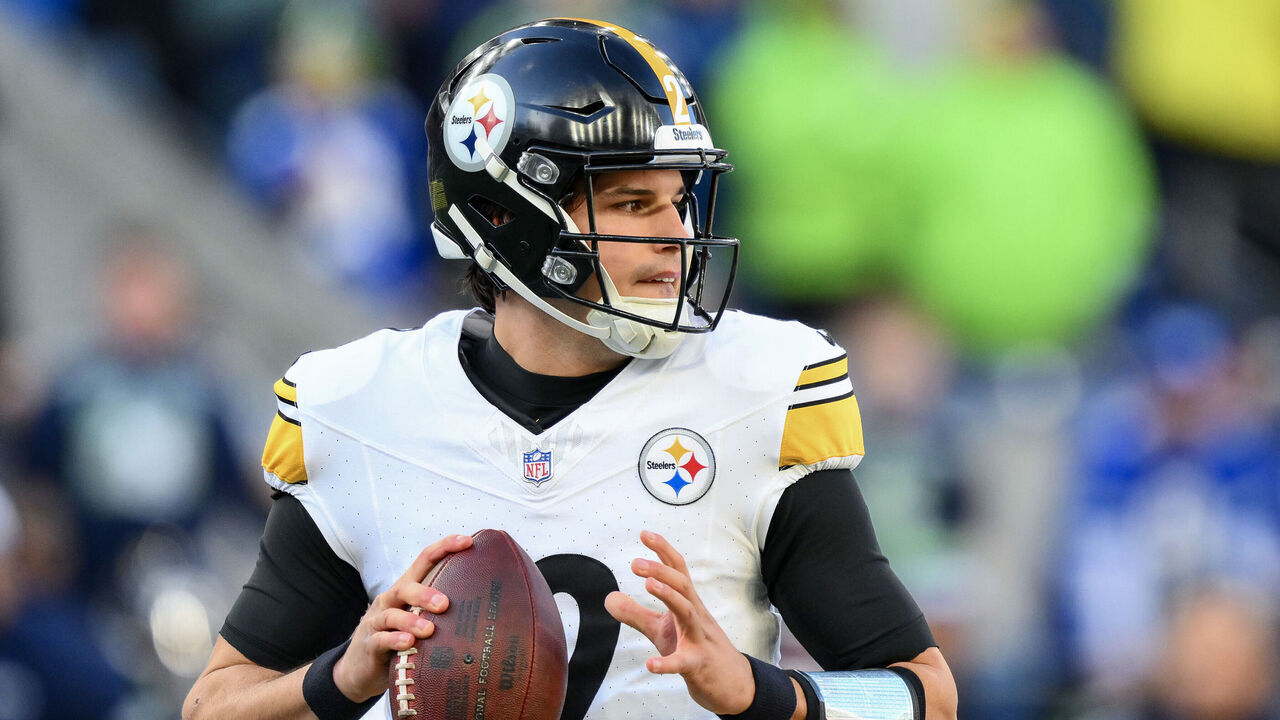 SEATTLE, WASHINGTON - DECEMBER 31: Mason Rudolph #2 of the Pittsburgh Steelers looks to pass during the first half of a game against the Seattle Seahawks at Lumen Field on December 31, 2023 in Seattle, Washington.