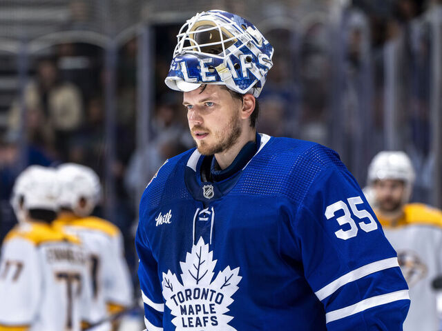 TORONTO, ON - DECEMBER 9: Ilya Samsonov #35 of the Toronto Maple Leafs looks on against the Nashville Predators during the third period at the Scotiabank Arena on December 9, 2023 in Toronto, Ontario, Canada.