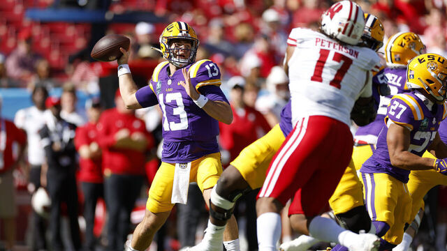 TAMPA, FLORIDA - JANUARY 01: Garrett Nussmeier #13 of the LSU Tigers passes during the ReliaQuest Bowl against the Wisconsin Badgers at Raymond James Stadium on January 01, 2024 in Tampa, Florida.