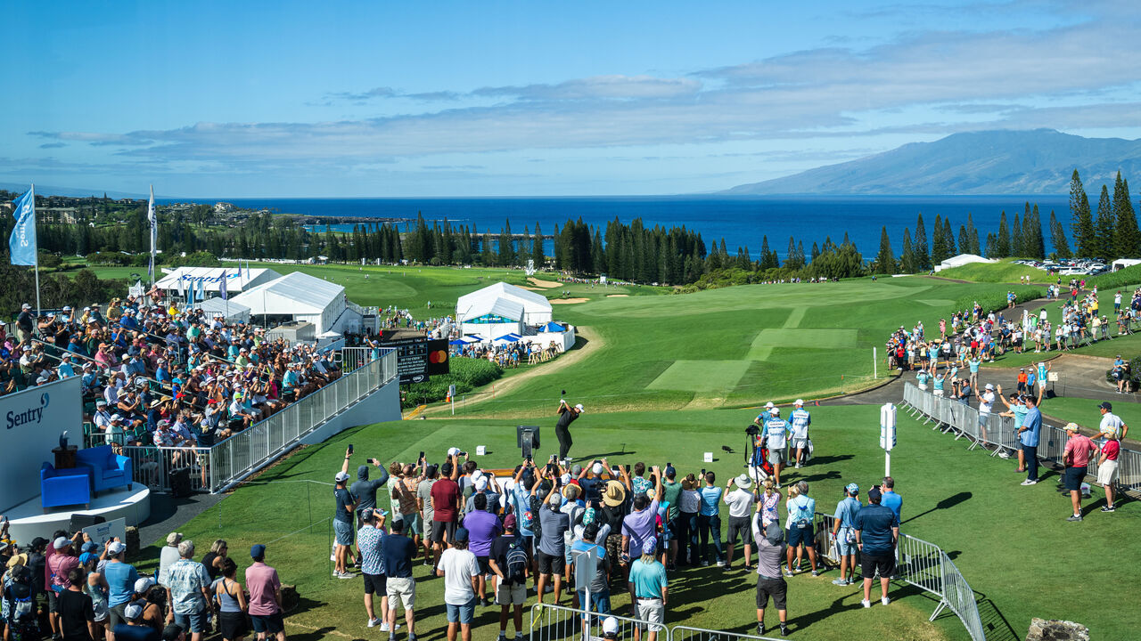 KAPALUA, MAUI, HAWAII - JANUARY 08: Collin Morikawa tees off on the first hole during the final round of the Sentry Tournament of Champions on The Plantation Course at Kapalua on January 8, 2023 in Lahaina, Maui, Hawaii.