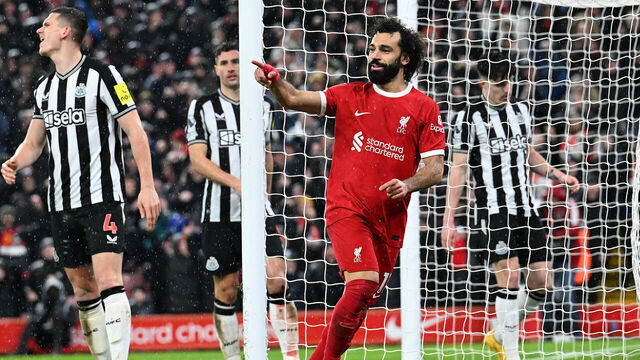 LIVERPOOL, ENGLAND - JANUARY 01:(THE SUN OUT. THE SUN ON SUNDAY OUT) Mohamed Salah of Liverpool celebrates after scoring the opening goal during the Premier League match between Liverpool FC and Newcastle United at Anfield on January 01, 2024 in Liverpool, England.