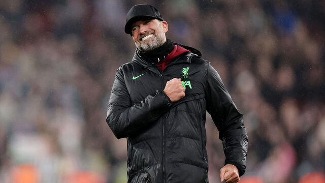 LIVERPOOL, ENGLAND - JANUARY 01: Juergen Klopp, Manager of Liverpool, celebrates following their sides victory after the Premier League match between Liverpool FC and Newcastle United at Anfield on January 01, 2024 in Liverpool, England.