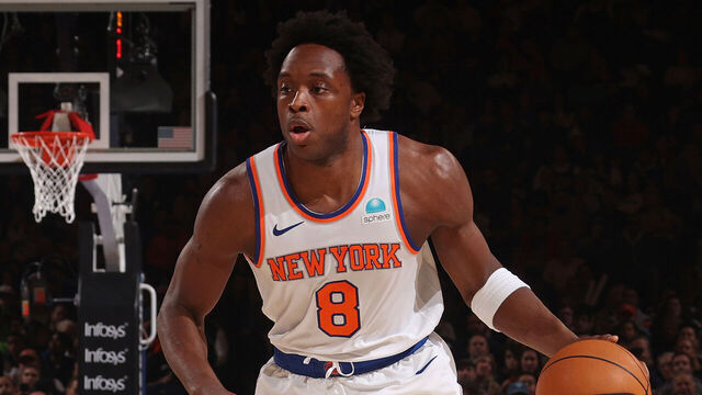 NEW YORK, NY - JANUARY 1: OG Anunoby #8 of the New York Knicks handles the ball during the game against the Minnesota Timberwolves on January 1, 2024 at Madison Square Garden in New York City, New York. Mandatory Copyright Notice: Copyright 2024 NBAE