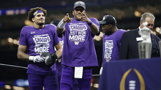 NEW ORLEANS, LOUISIANA - JANUARY 01: Michael Penix Jr. #9 of the Washington Huskies celebrates after a 37-31 victory against the Texas Longhorns in the CFP Semifinal Allstate Sugar Bowl at Caesars Superdome on January 01, 2024 in New Orleans, Louisiana.