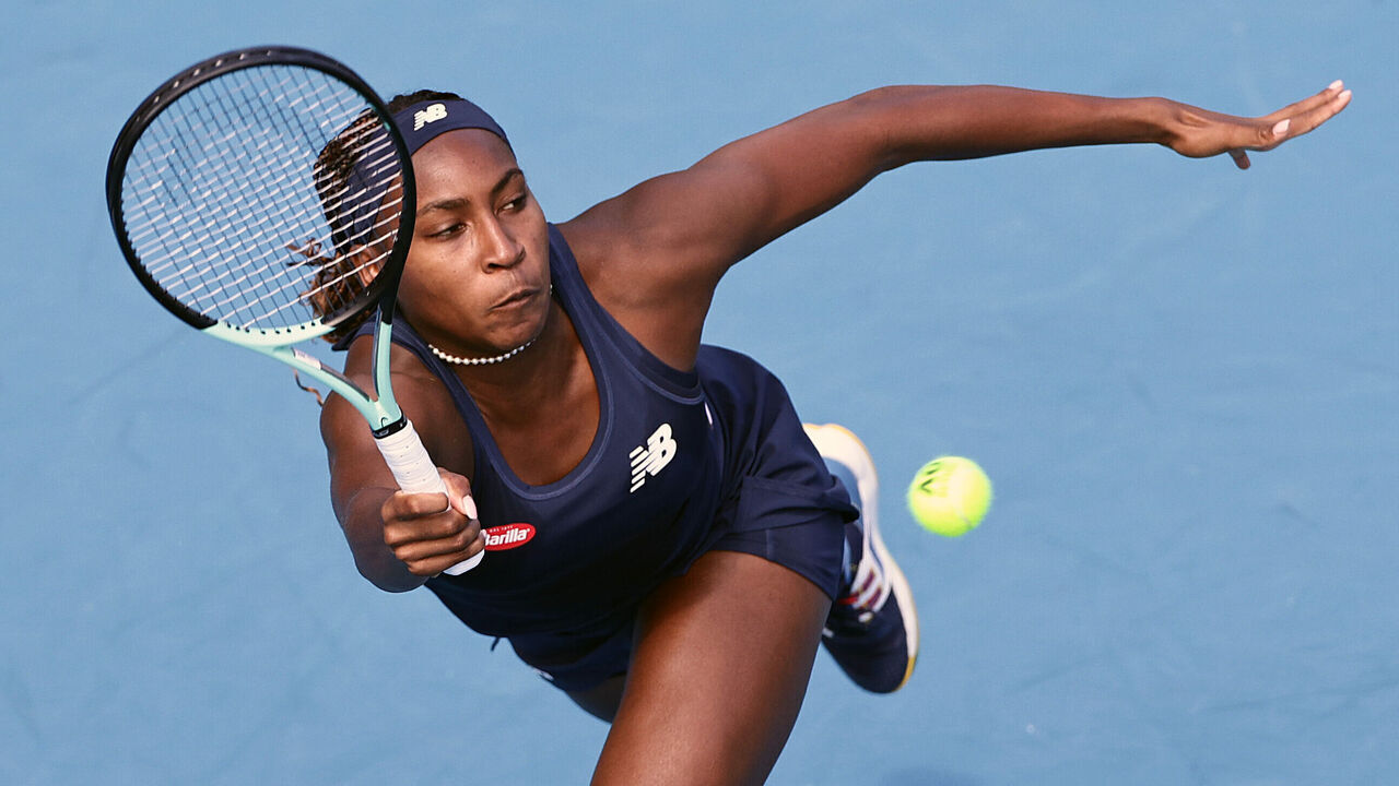 AUCKLAND, NEW ZEALAND - JANUARY 02: Coco Gauff of United States plays a shot in her match against Claire Liu of United States during the 2024 Women's ASB Classic at ASB Tennis Centre on January 02, 2024 in Auckland, New Zealand.