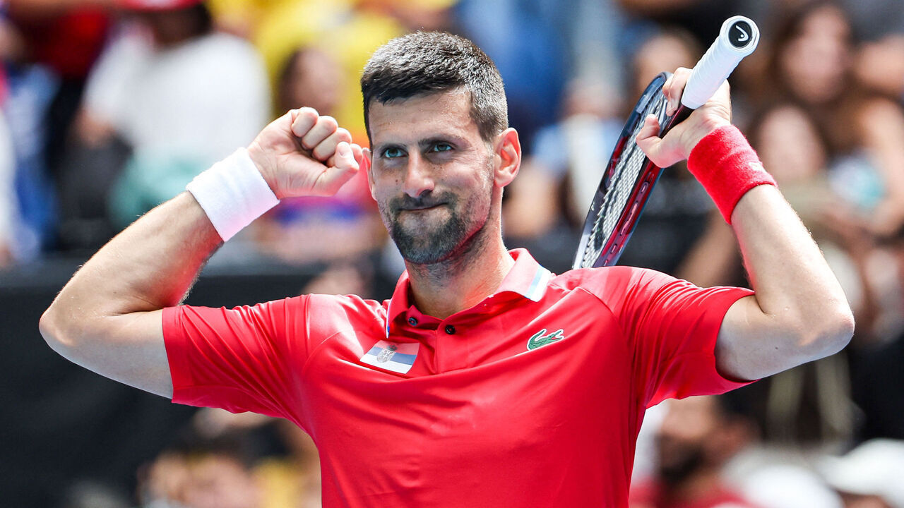 Serbia's Novak Djokovic celebrates winning against Czech Republic's Jiri Lehecka during their men's singles match at the United Cup tennis tournament in Perth on January 2, 2024.