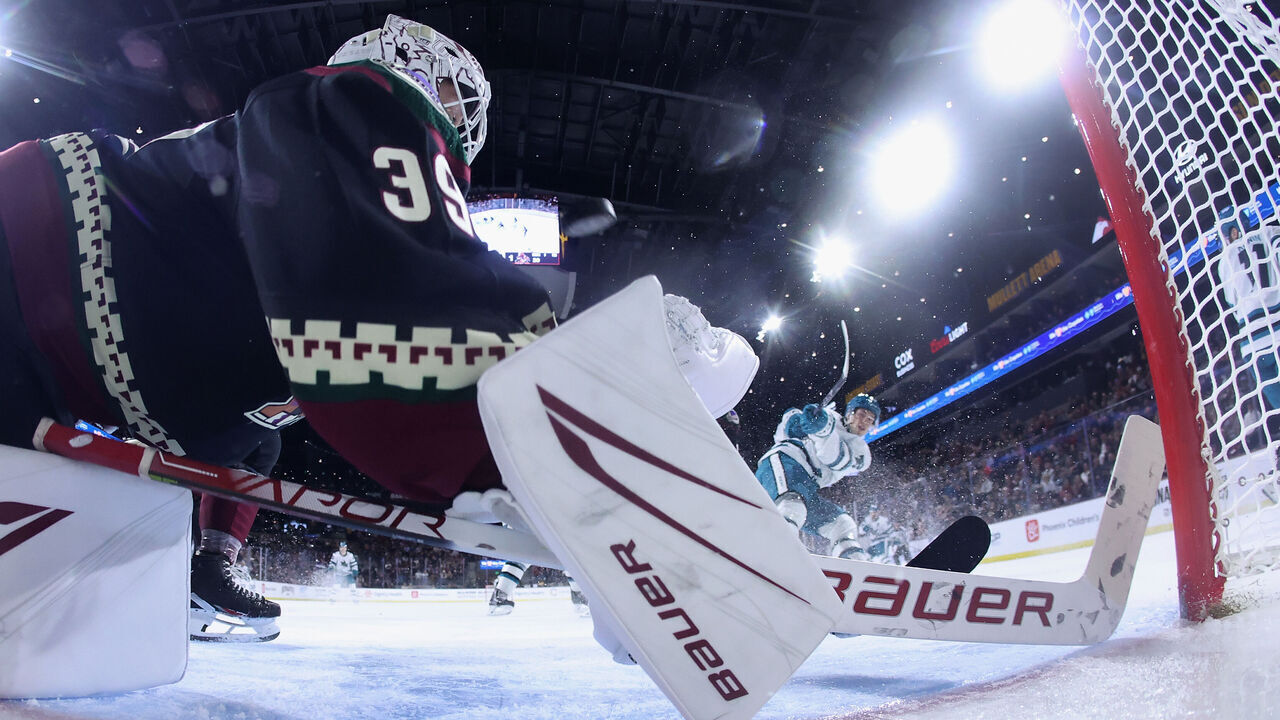 TEMPE, ARIZONA - DECEMBER 15: William Eklund #72 of the San Jose Sharks scores a disallowed goal past goaltender Connor Ingram #39 of the Arizona Coyotes during the third period of the NHL game at Mullett Arena on December 15, 2023 in Tempe, Arizona. After a review the goal was disallowed due to goaltender interference. The Coyotes defeated the Sharks 1-0.