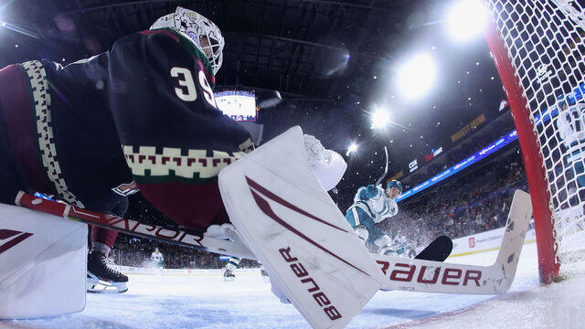 TEMPE, ARIZONA - DECEMBER 15: William Eklund #72 of the San Jose Sharks scores a disallowed goal past goaltender Connor Ingram #39 of the Arizona Coyotes during the third period of the NHL game at Mullett Arena on December 15, 2023 in Tempe, Arizona. After a review the goal was disallowed due to goaltender interference. The Coyotes defeated the Sharks 1-0.