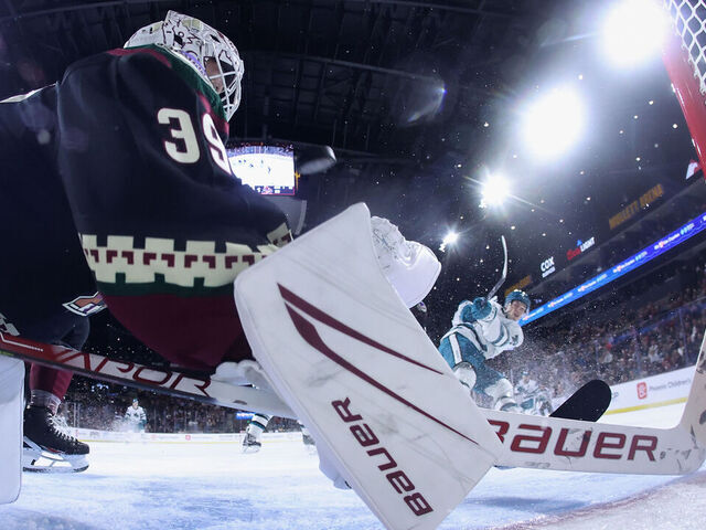 TEMPE, ARIZONA - DECEMBER 15: William Eklund #72 of the San Jose Sharks scores a disallowed goal past goaltender Connor Ingram #39 of the Arizona Coyotes during the third period of the NHL game at Mullett Arena on December 15, 2023 in Tempe, Arizona. After a review the goal was disallowed due to goaltender interference. The Coyotes defeated the Sharks 1-0.