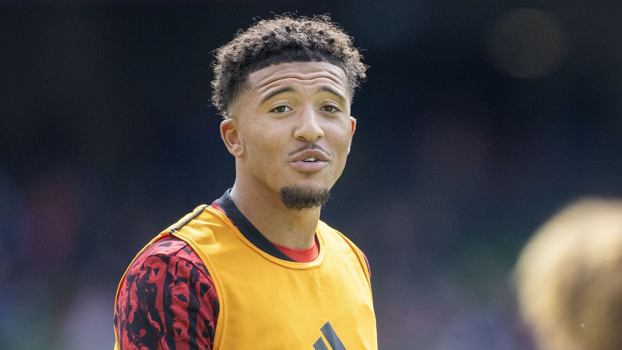 DUBLIN, IRELAND: August 6: Jadon Sancho #25 of Manchester United during team warm-up before the Manchester United v Athletic Bilbao, pre-season friendly match at Aviva Stadium on August 6th, 2023 in Dublin, Ireland.