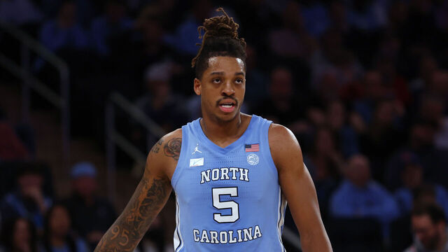 NEW YORK, NEW YORK - DECEMBER 5: Armando Bacot #5 of the North Carolina Tar Heels in action against the Connecticut Huskies during a game in the Jimmy V Classic at Madison Square Garden on December 5, 2023 in New York City. Connecticut defeated North Carolina 87-76.