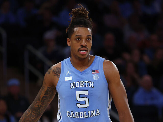 NEW YORK, NEW YORK - DECEMBER 5: Armando Bacot #5 of the North Carolina Tar Heels in action against the Connecticut Huskies during a game in the Jimmy V Classic at Madison Square Garden on December 5, 2023 in New York City. Connecticut defeated North Carolina 87-76.