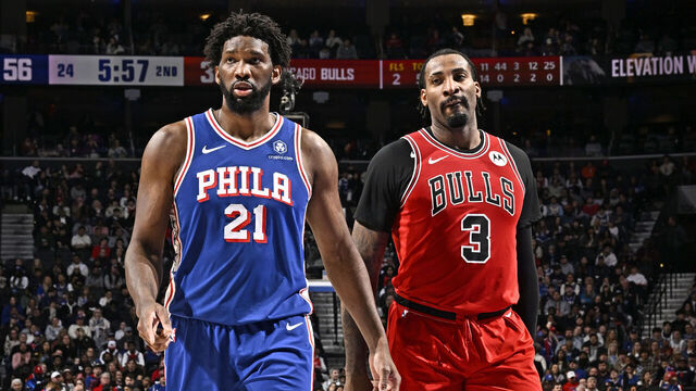 PHILADELPHIA, PA - JANUARY 2: Joel Embiid #21 of the Philadelphia 76ers and Andre Drummond #3 of the Chicago Bulls looks on during the game on January 2, 2024 at the Wells Fargo Center in Philadelphia, Pennsylvania NOTE TO USER: User expressly acknowledges and agrees that, by downloading and/or using this Photograph, user is consenting to the terms and conditions of the Getty Images License Agreement. Mandatory Copyright Notice: Copyright 2024 NBAE
