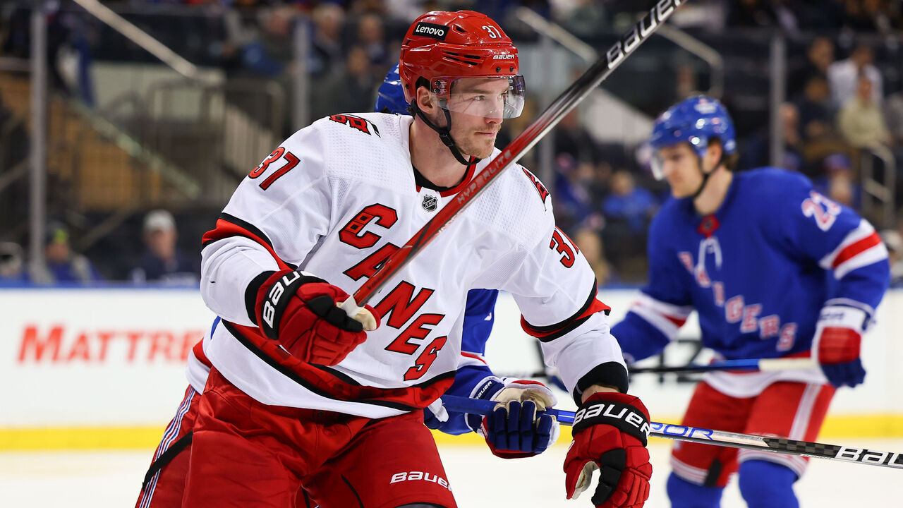 NEW YORK, NY - JANUARY 02: Andrei Svechnikov #37 of the Carolina Hurricanes celebrates scoring during the third period against the New York Rangers on January 2, 2024 at Madison Square Garden in New York, New York,