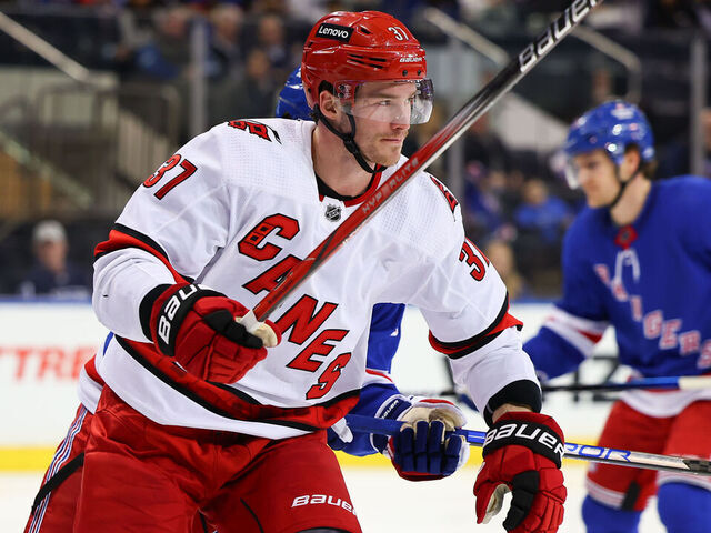NEW YORK, NY - JANUARY 02: Andrei Svechnikov #37 of the Carolina Hurricanes celebrates scoring during the third period against the New York Rangers on January 2, 2024 at Madison Square Garden in New York, New York,
