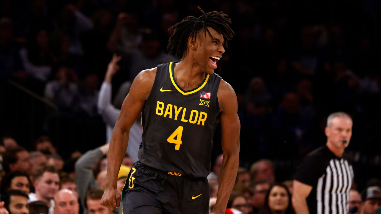 NEW YORK, NEW YORK - DECEMBER 20: Ja'Kobe Walter #4 of the Baylor Bears reacts following a three-point basket during the game against the Duke Blue Devils in the Garden Classic at Madison Square Garden on December 20, 2023 in New York City. Duke won 78-70.
