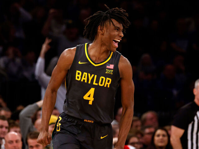 NEW YORK, NEW YORK - DECEMBER 20: Ja'Kobe Walter #4 of the Baylor Bears reacts following a three-point basket during the game against the Duke Blue Devils in the Garden Classic at Madison Square Garden on December 20, 2023 in New York City. Duke won 78-70.