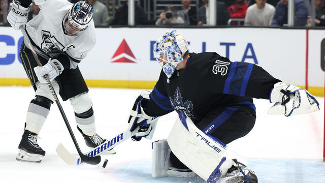 LOS ANGELES, CALIFORNIA - JANUARY 02: Martin Jones #31 of the Toronto Maple Leafs makes a save on Anze Kopitar #11 of the Los Angeles Kings during the second period at Crypto.com Arena on January 02, 2024 in Los Angeles, California.
