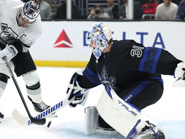 LOS ANGELES, CALIFORNIA - JANUARY 02: Martin Jones #31 of the Toronto Maple Leafs makes a save on Anze Kopitar #11 of the Los Angeles Kings during the second period at Crypto.com Arena on January 02, 2024 in Los Angeles, California.