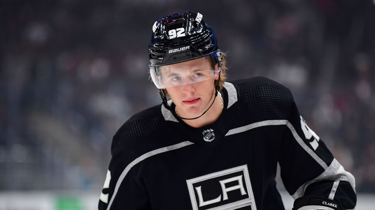LOS ANGELES, CA - OCTOBER 13: Brandt Clarke #92 of the Los Angeles Kings skates on the ice during his first NHL game during the first period against the Seattle Kraken at Crypto.com Arena on October 13, 2022 in Los Angeles, California.