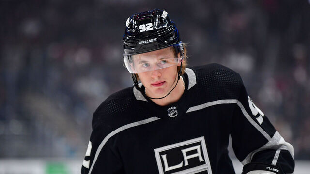 LOS ANGELES, CA - OCTOBER 13: Brandt Clarke #92 of the Los Angeles Kings skates on the ice during his first NHL game during the first period against the Seattle Kraken at Crypto.com Arena on October 13, 2022 in Los Angeles, California.