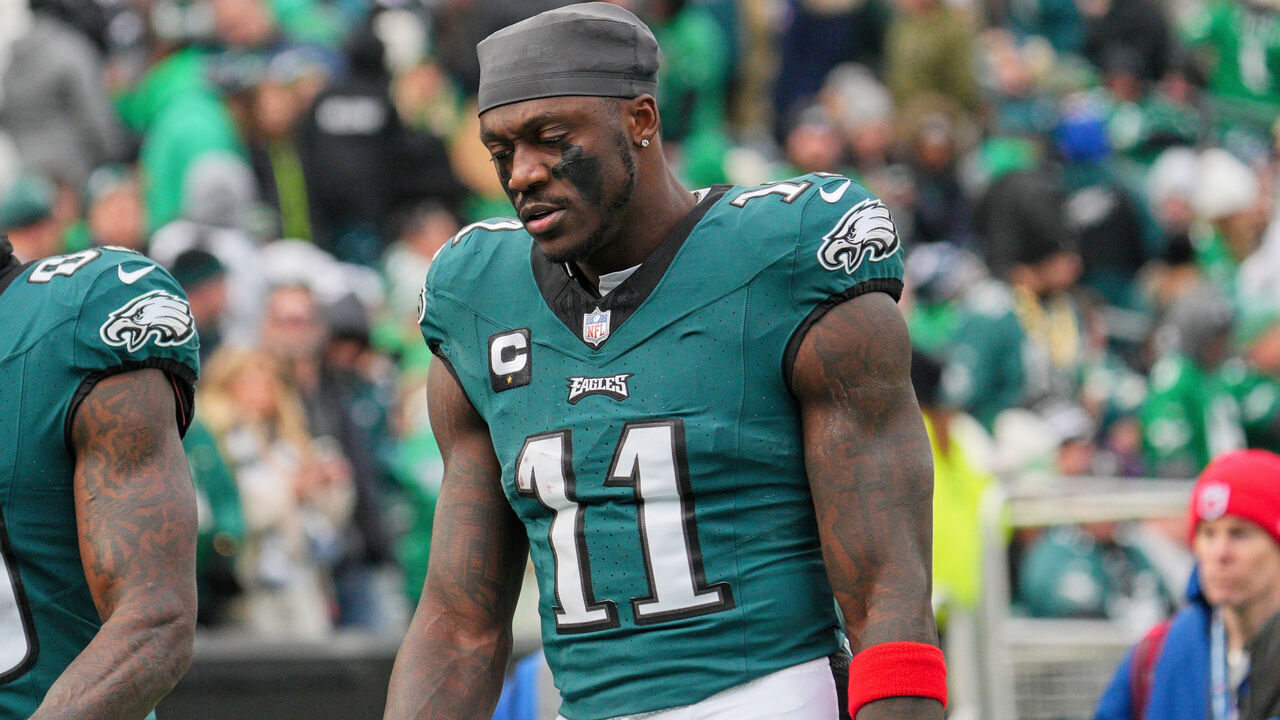PHILADELPHIA, PA - DECEMBER 31: Philadelphia Eagles wide receiver A.J. Brown (11) looks on during the game between the Arizona Cardinals and the Philadelphia Eagles on December 31, 2023 at Lincoln Financial Field.