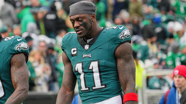 PHILADELPHIA, PA - DECEMBER 31: Philadelphia Eagles wide receiver A.J. Brown (11) looks on during the game between the Arizona Cardinals and the Philadelphia Eagles on December 31, 2023 at Lincoln Financial Field.