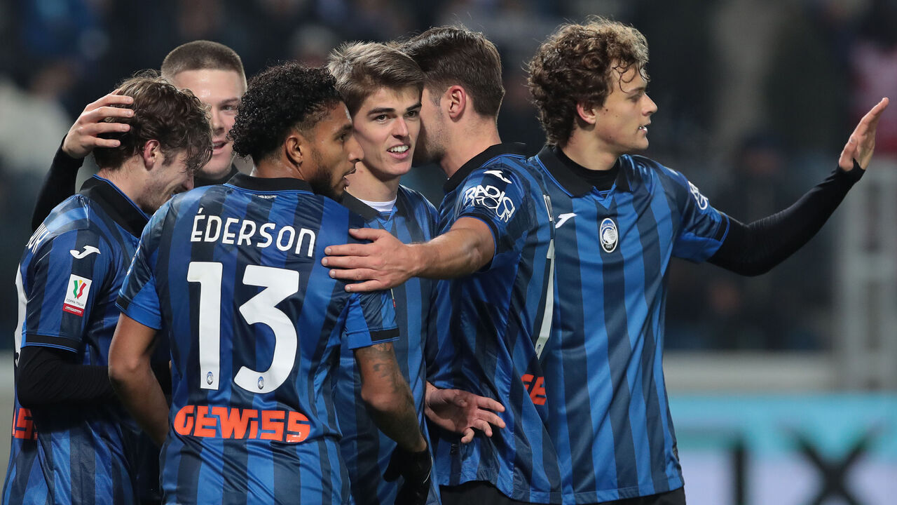 BERGAMO, ITALY - JANUARY 03: Charles De Ketelaere of Atalanta BC celebrates with teammates after scoring the team's second goal during the Coppa Italia match between Atalanta BC and US Sassuolo at Gewiss Stadium on January 03, 2024 in Bergamo, Italy.